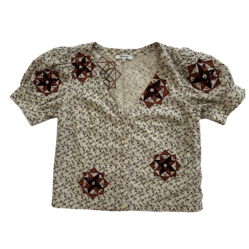 Quilt Block Madewell Embroidered Top - Cream/Brown